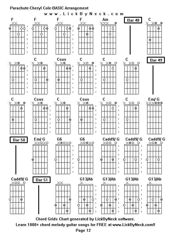 Chord Grids Chart of chord melody fingerstyle guitar song-Parachute-Cheryl Cole-BASIC Arrangement,generated by LickByNeck software.